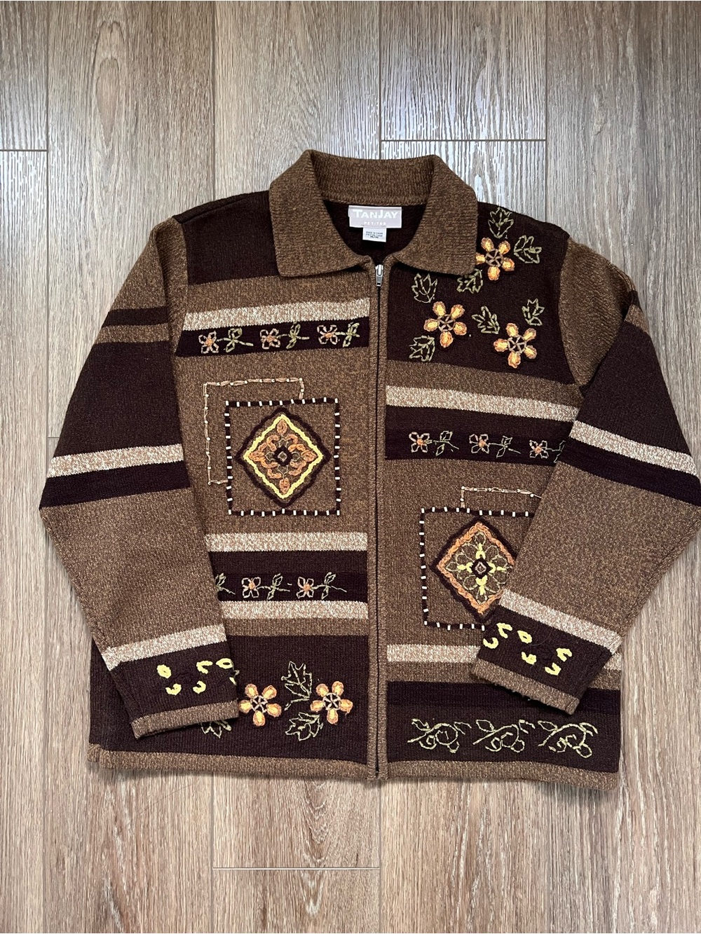Vintage TanJay Petites - Brown Embroidered Zip-Up Sweater Jacket